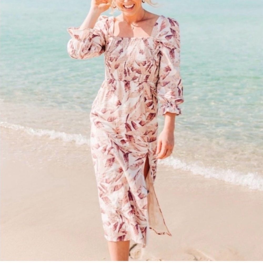 Beachy Boho House of Harlow 1960 Palm leaf pink Linen midi dress size XS